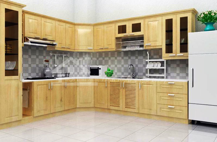 Phòng bếp hiện đại và ngăn nắp với tủ bếp gỗ sồi.