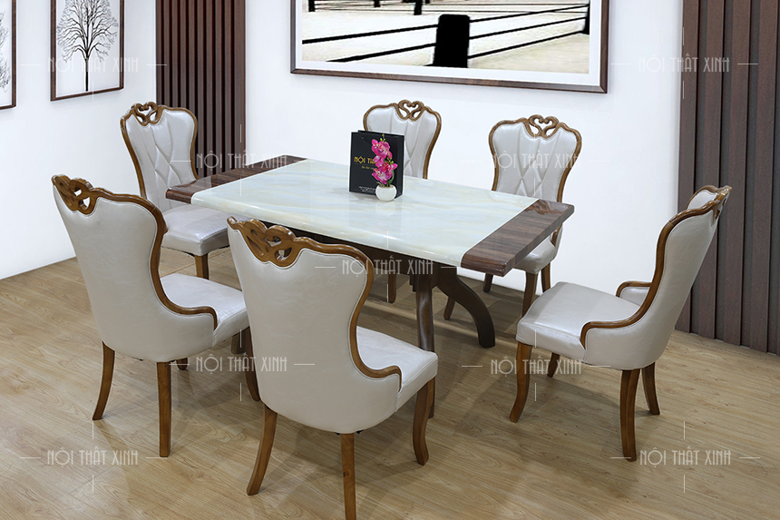 Tạo nên không gian sang trọng với bộ bàn ghế ăn 6 ghế gỗ sồi và đá nhập khẩu đẹp nhất Hà Nội. Với thiết kế độc đáo và tinh tế, chiếc bàn này sẽ làm hài lòng ngay cả những khách hàng khó tính nhất. Cùng tận hưởng bữa ăn ngon và không gian đẳng cấp tại nhà của bạn.